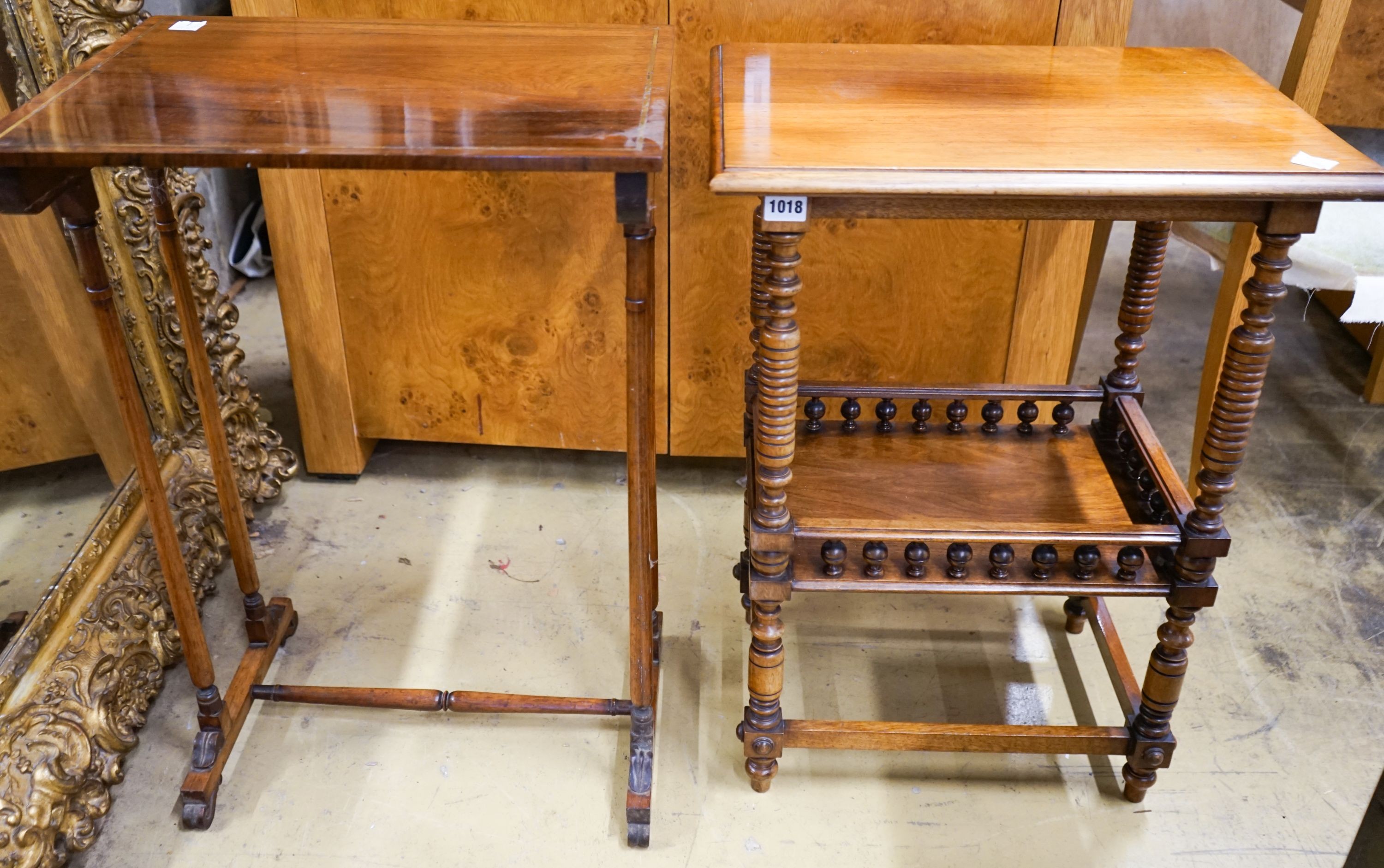 An Edwardian walnut two tier occasional table and a rectangular rosewood tea table, larger width 48cm, depth 36cm, height 69cm